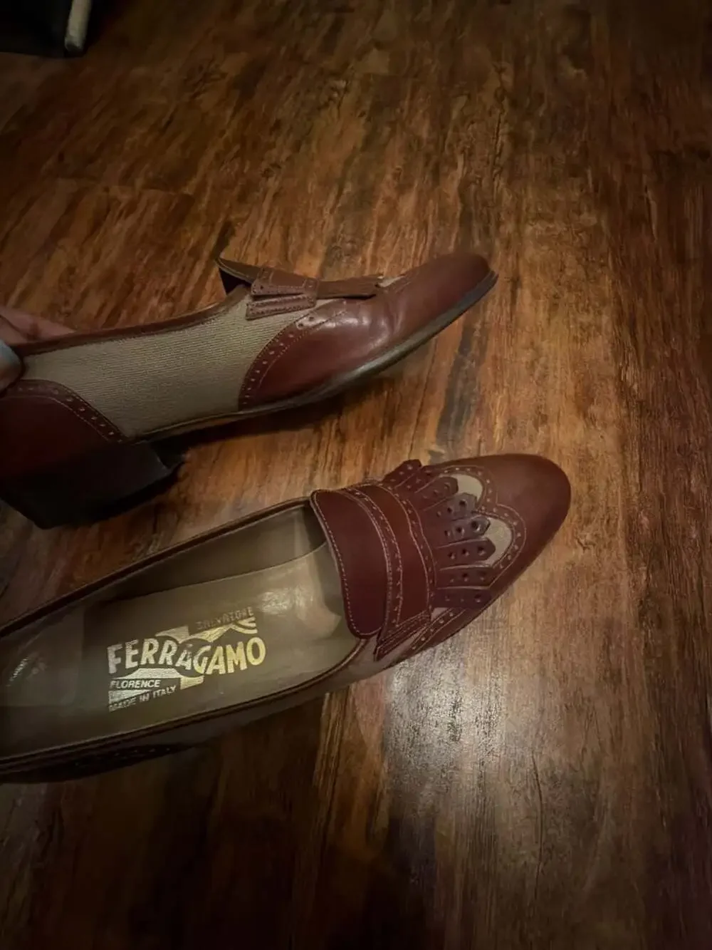 Salvatore Ferragamo Brown Leather and Canvas Kiltie Wingtip Loafers